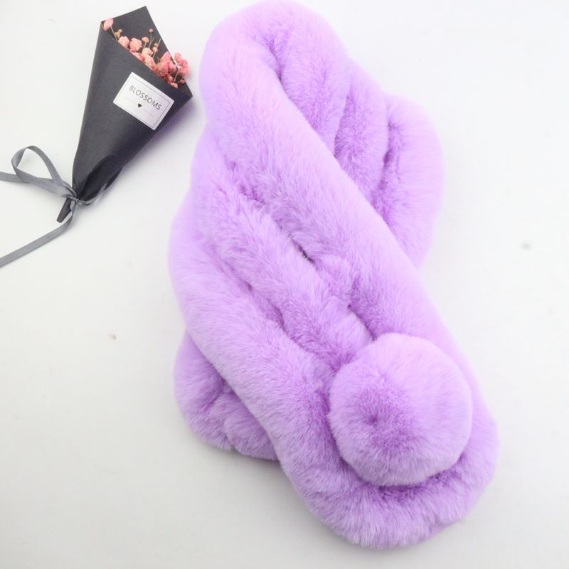 迪鲁奥（DILUAO)獭兔毛围巾女冬季韩版百搭加厚保暖儿童脖套懒濑兔毛球仿皮围脖 香芋紫色 默认尺寸