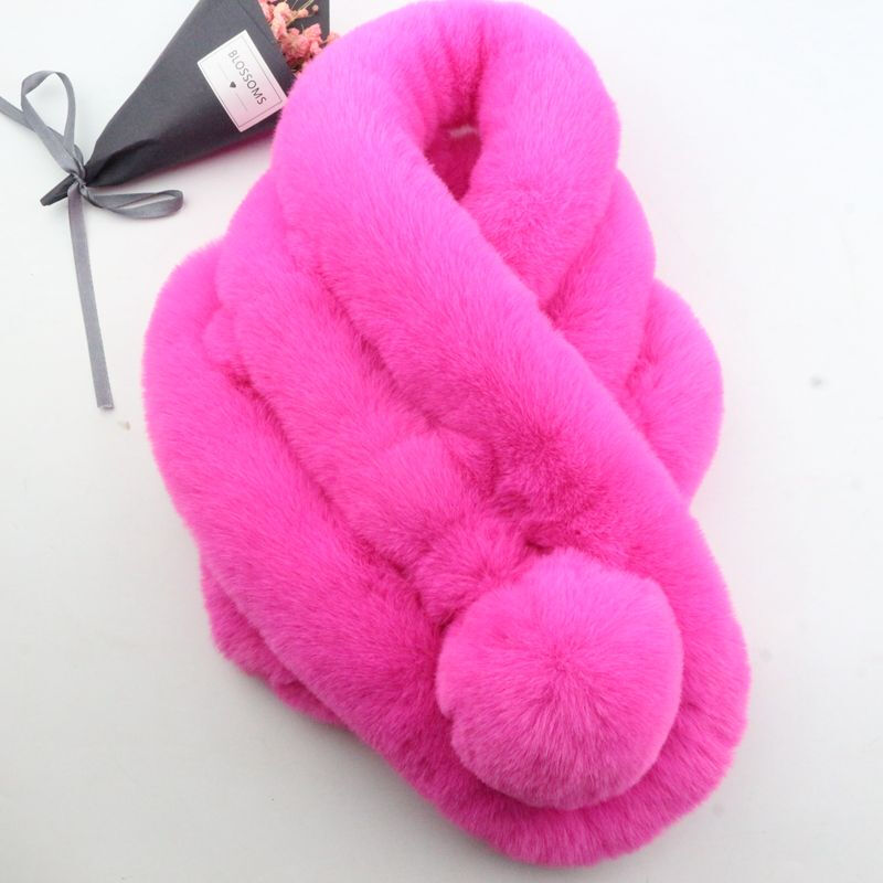 迪鲁奥（DILUAO)獭兔毛围巾女冬季韩版百搭加厚保暖儿童脖套懒濑兔毛球仿皮围脖 玫红色 默认尺寸