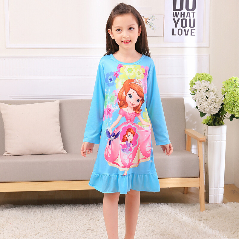 迪鲁奥（DILUAO)春季儿童长袖睡裙女童纯棉睡衣卡通白雪公主裙子冰雪奇缘秋季童装 蓝色一苏菲亚 16码130-140cm