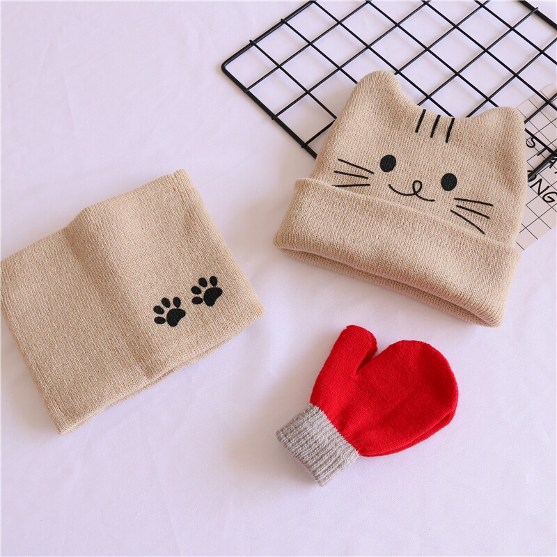 迪鲁奥（DILUAO)三件套儿童毛线帽子围巾秋冬男女童婴儿宝宝纯棉保暖套头针织帽潮 米色猫咪+米巾+红手套 4-10岁