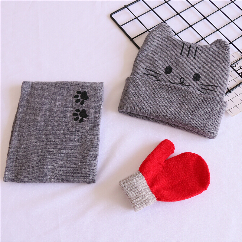 迪鲁奥（DILUAO)三件套儿童毛线帽子围巾秋冬男女童婴儿宝宝纯棉保暖套头针织帽潮 灰色猫咪+灰巾+红手套 1-3岁