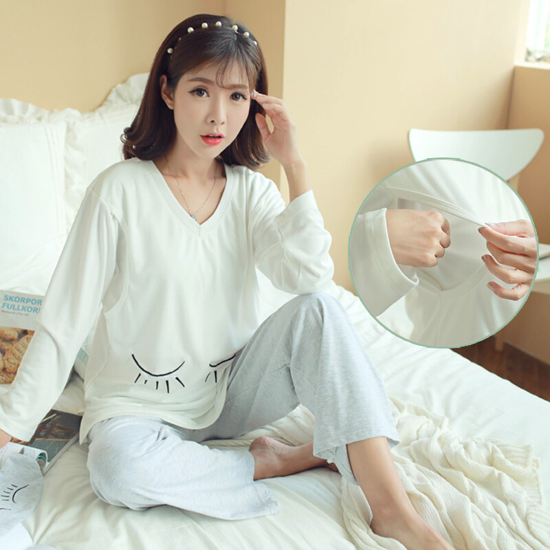 迪鲁奥（DILUAO)月子服春秋纯棉产妇产后哺乳期浦乳睡衣秋冬款孕妇怀孕期加厚保暖_132 白色灰裤 XXL【体重145-160斤】