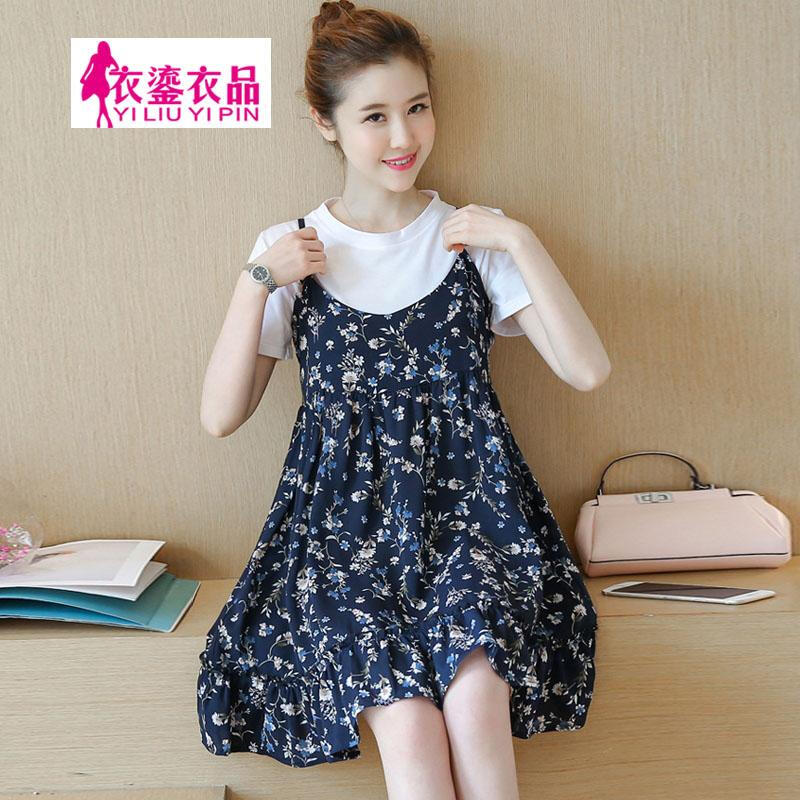 迪鲁奥（DILUAO)孕妇装夏装2019夏装新款碎花孕妇裙休闲T恤孕妇背带裤大码孕妇套装宽松孕妇连衣裙_900 深蓝色碎花 XXL建议140-160斤