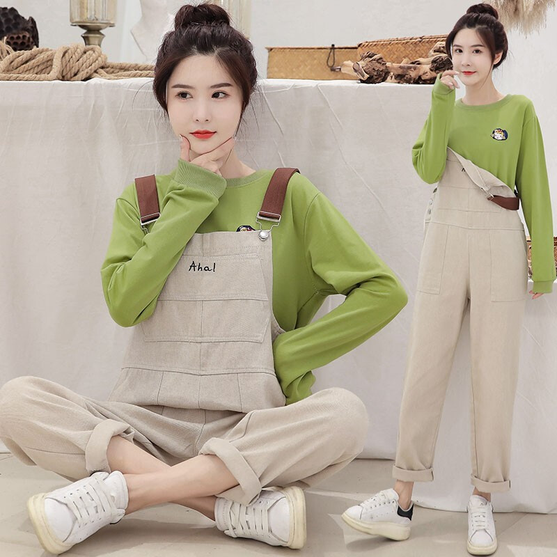 迪鲁奥（DILUAO)孕妇装2019秋冬新款牛仔工装背带裤韩版时尚套装加可爱娃娃头卫衣 杏色背带裤 XXL