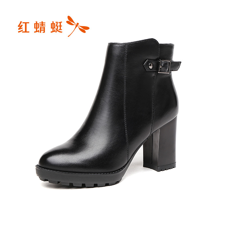 红蜻蜓女鞋2019冬新款真皮英伦高跟马丁靴厚底加绒保暖短筒靴棉鞋 黑色 37码