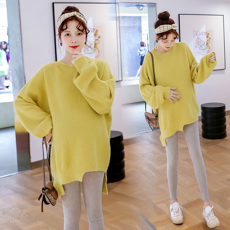 迪鲁奥（DILUAO)孕妇装秋装毛衣中长款孕妇宽松套装新款孕妇毛衣裙子大码针织衫色毛衣 均码【适合约90-160_265 黄色毛衣 默认尺寸