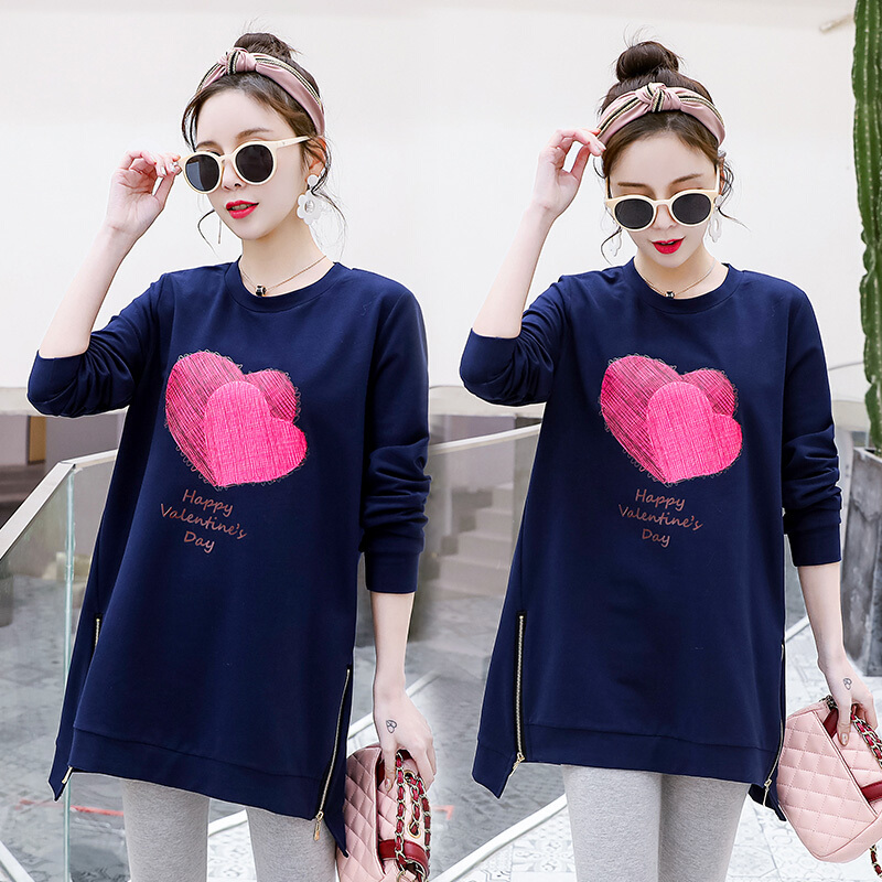 迪鲁奥（DILUAO)孕妇装秋装新款T恤长袖圆领上衣套装套头上衣印花红心_497 藏青色【单件上衣】 M【适合约95-120斤】