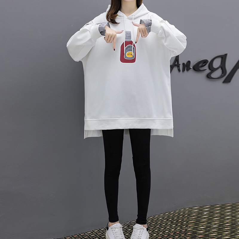 迪鲁奥（DILUAO) 孕妇装套装秋季韩版2019新款宽松连帽卡通图案中长款上衣+托腹裤两件套 白色上衣 L(建议体重110-125斤)