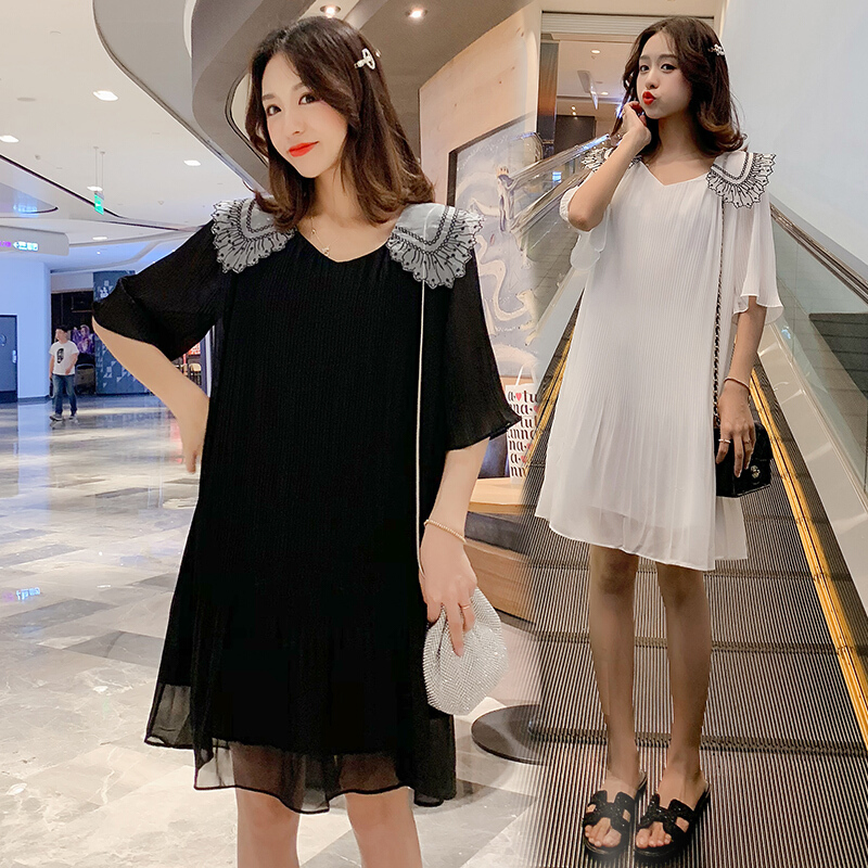 迪鲁奥（DILUAO)孕妇装2019夏季新款韩版显瘦娃娃领超仙褶皱连衣裙孕妇裙夏装_615 黑色 L