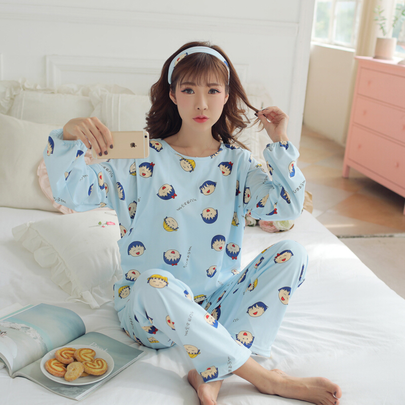 迪鲁奥（DILUAO)大码月子服孕妇睡衣棉布200斤加肥加大春秋季产后哺乳期夏天薄款 小丸子蓝圆领 L