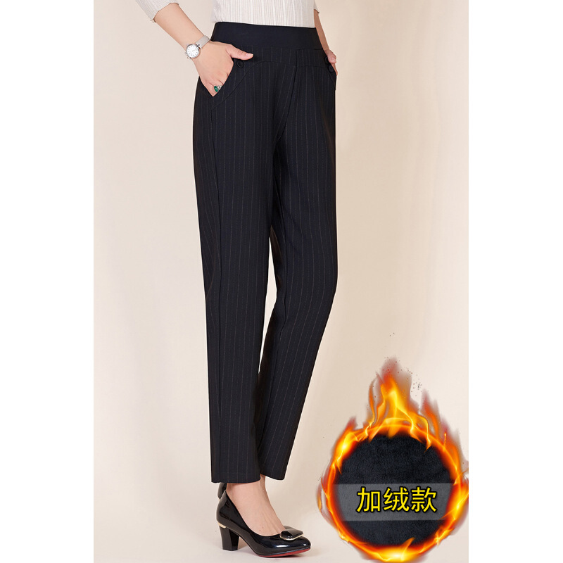 迪鲁奥（DILUAO)中老年女裤秋装大码宽松妈妈裤子加绒加厚长裤秋冬高腰休闲直筒裤 宽条加绒款 XL建议85-108斤