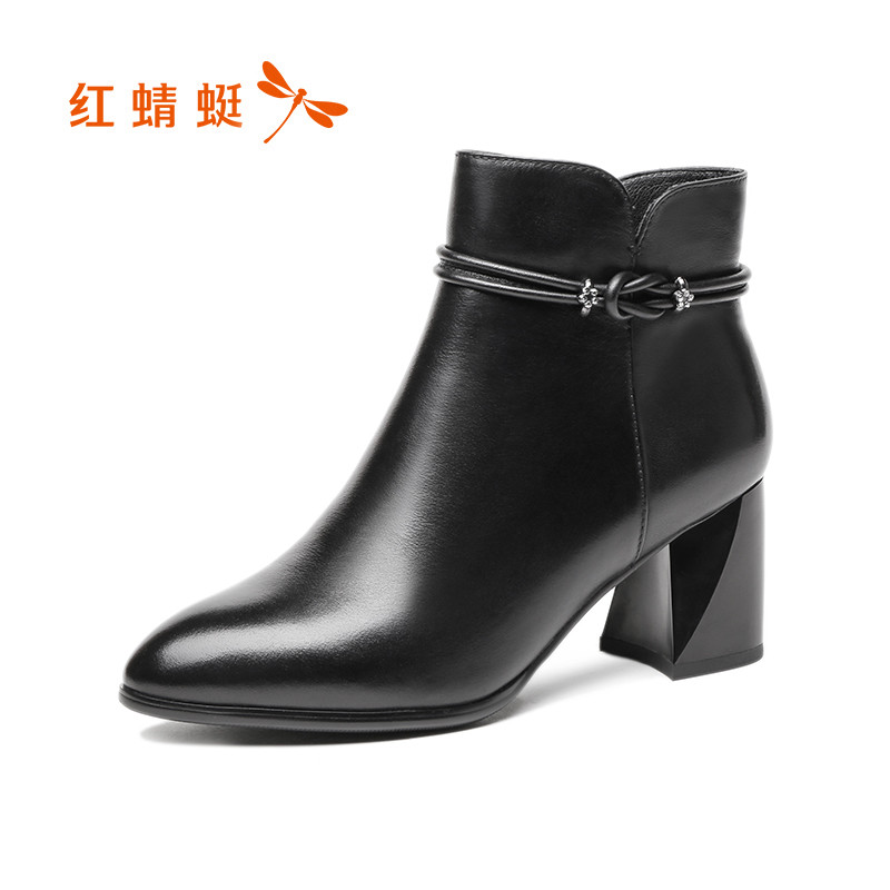 红蜻蜓女鞋2019冬季新款头层牛皮尖圆头粗跟短靴女加绒保暖高跟棉鞋 黑色 37码
