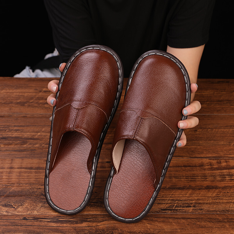 迪鲁奥（DILUAO)居家拖鞋男女春秋冬季室内木地板牛筋底厚底皮拖鞋 咖啡色 29(43-44码)