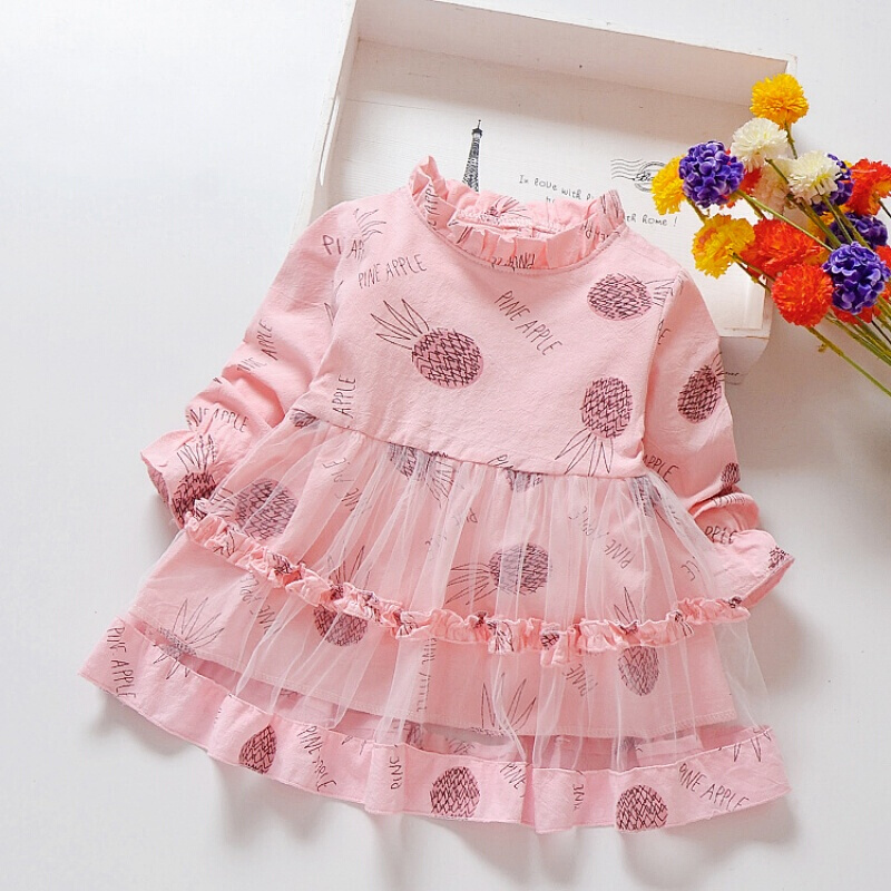 迪鲁奥（DILUAO)女宝宝春2019新款1-2-3-4岁衣服婴儿幼童公主长袖裙子女童连衣裙 长袖菠萝裙粉色 4XL(120cm)