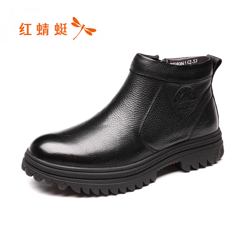 红蜻蜓男鞋2019冬季新款头层牛皮英伦商务休闲皮鞋男加绒保暖高帮棉鞋 黑色 43码