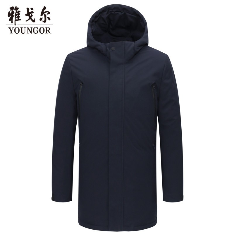 雅戈尔长羽绒服男士冬季商务休闲保暖白鸭绒连帽羽绒服外套1360 175/96A 藏青