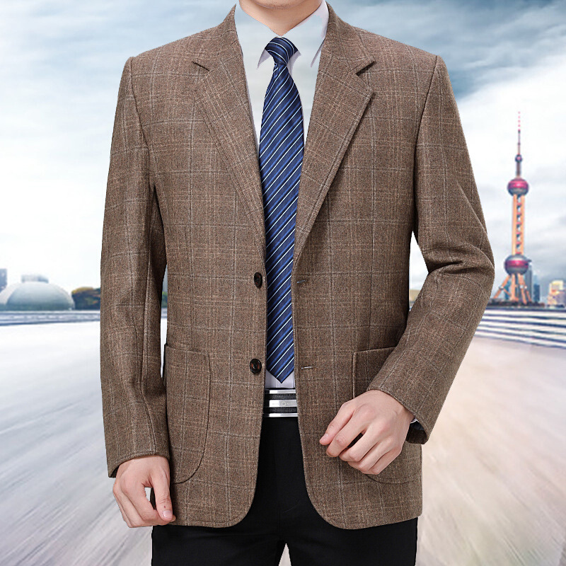 迪鲁奥（DILUAO)春秋中老年男士羊毛呢西服外套男厚款中年西装上衣爸爸装休闲便西_604_149 卡其色 165(100斤-125斤穿)