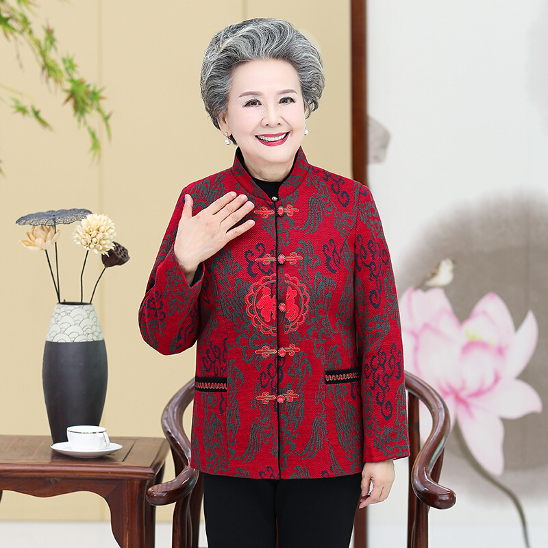 迪鲁奥（DILUAO)高端轻奢中老年人春秋女装外套60-70岁唐装老太太衣服老人妈妈奶奶秋装薄_844 2XL(建议110-125斤) 红色(单件上衣)