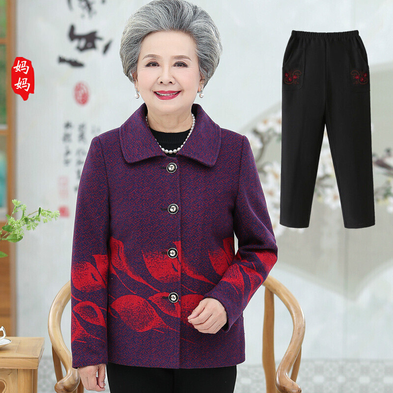 迪鲁奥（DILUAO)高端轻奢中老年人秋装女奶奶装外套秋季服装老人衣服宽松妈妈春上衣60_324 2XL(建议110-125斤) 紫红色(上衣+裤子)