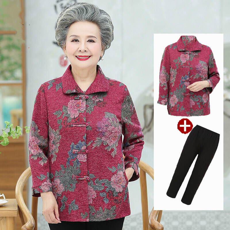迪鲁奥（DILUAO)高档轻奢中老年人女式春秋衬衣薄款外套时尚妈妈秋装上衣老装奶奶长袖_787 4XL(建议130-145斤) 红色(上衣+裤子)
