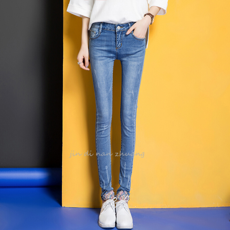 迪鲁奥（DILUAO)授权店铺2019秋冬新款薄款弹力显瘦秋季小脚牛仔裤女长裤外穿打底裤韩版紧身刺绣铅笔裤_50_696 6110浅蓝 31.
