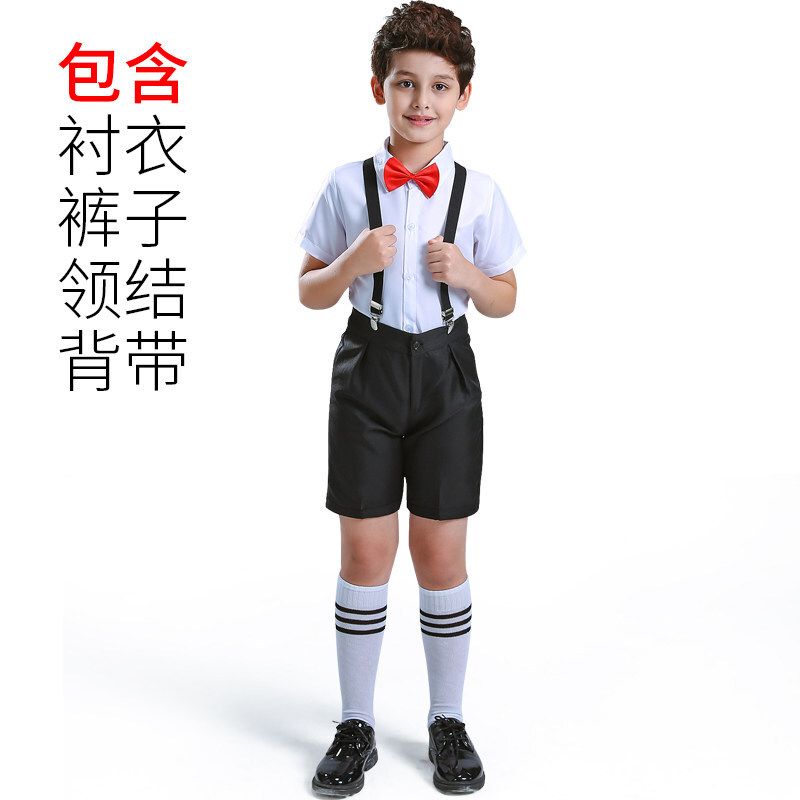 迪鲁奥（DILUAO)儿童花童礼服男童套装马甲幼儿园表演服装男生背带裤钢琴演出服夏 白短袖黑短裤红领结 180cm