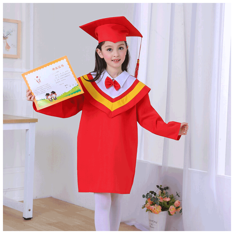 迪鲁奥（DILUAO)儿童演出服装中学生小学生博士服男女毕业礼服幼儿园学士服博士帽_751 红色新红色套装+证书 105-115cm衣长60cm