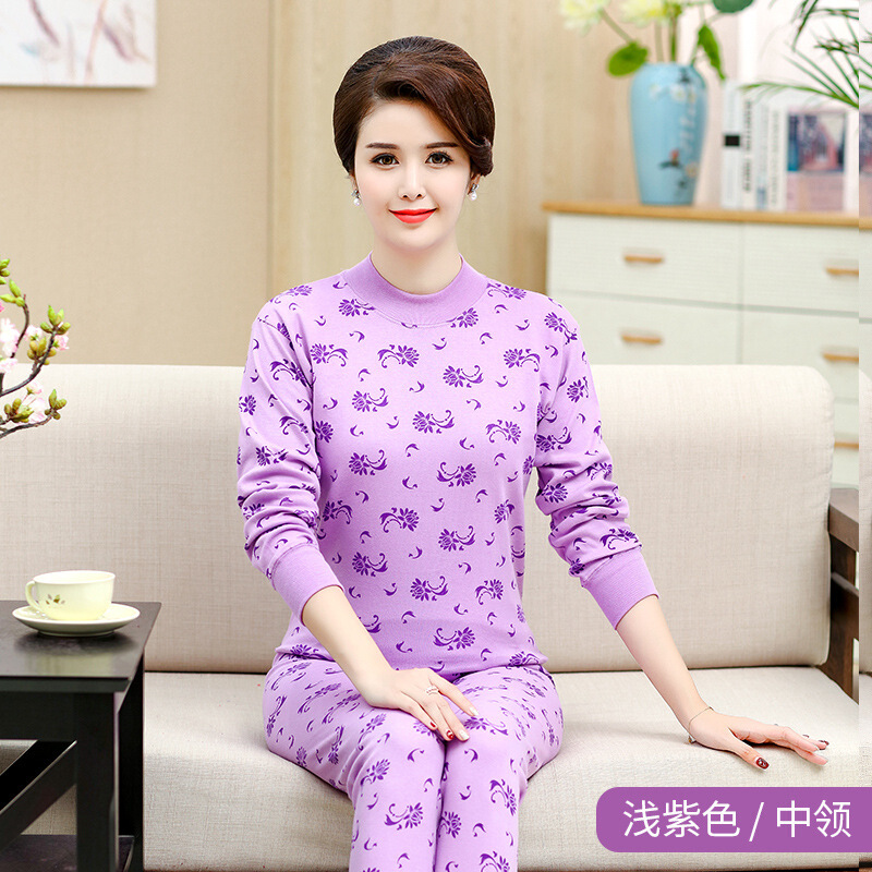 迪鲁奥（DILUAO)纯棉秋衣秋裤套装妈妈保暖内衣中老年人全棉线衣线裤大码棉毛衫冬_307 女秋衣套装--浅紫大花中领 90L(100-125斤)