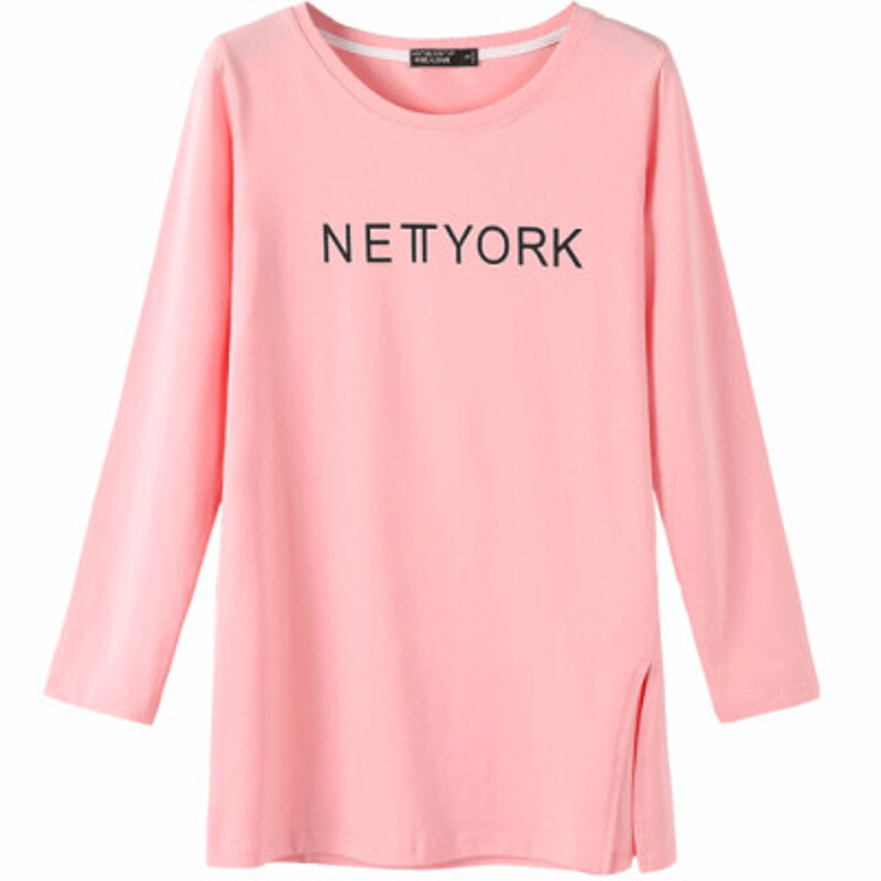 迪鲁奥（DILUAO)新款女装白色长袖纯棉恤女2019早秋装新款韩版中长款宽松大码上衣打底衫_808 3XL 粉色