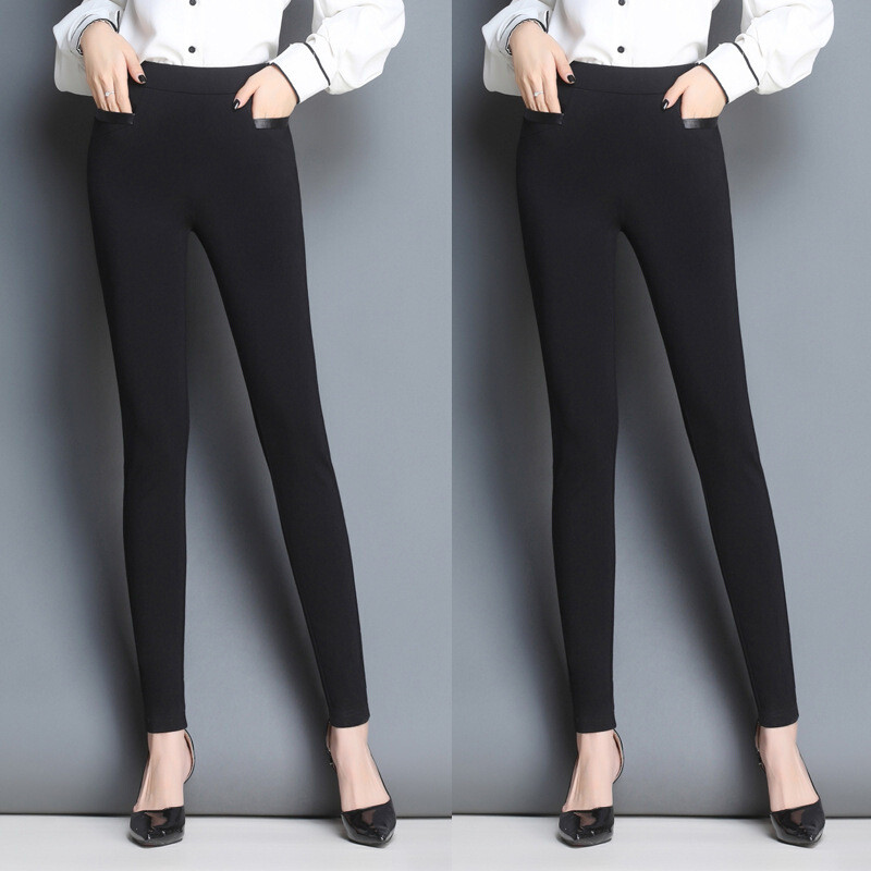 迪鲁奥（DILUAO)抖音网红2019新款秋裤女外穿打底裤紧身弹力高腰胖mm大码女裤薄款妈妈裤子新款女装_613 黑+黑(2件装) 3XL