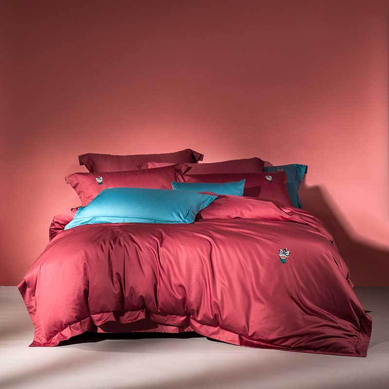 罗莱家纺床上用品全棉缎纹四件套1.8米双人纯棉床单被套时尚柔软套件 小西几 1.5m（5英尺）床，请适配200x230cm被芯 红色