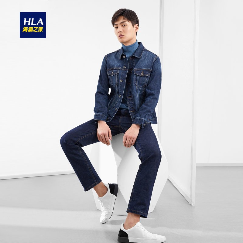 HLA海澜之家时尚牛仔外套2019秋季翻领有型外套男-HWNAD3R016A 牛仔蓝16 180/96A/XL