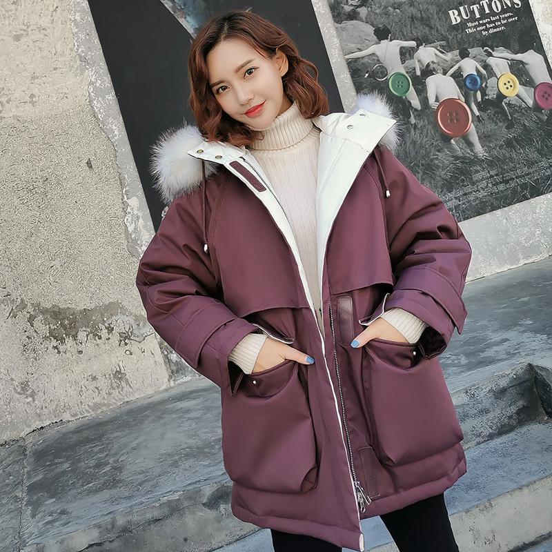 雪中飞冬季连帽宽松2019新款时尚短款羽绒服女白鸭绒派克服潮（尺码偏大，建议小一码） 酒红色 155/80A