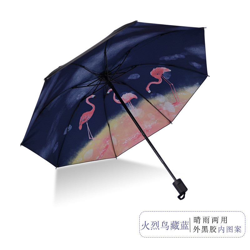 小清新 伞晴雨两用折叠 太阳伞创意防紫外线防晒遮阳黑胶小黑伞 火烈鸟丈青（内彩）