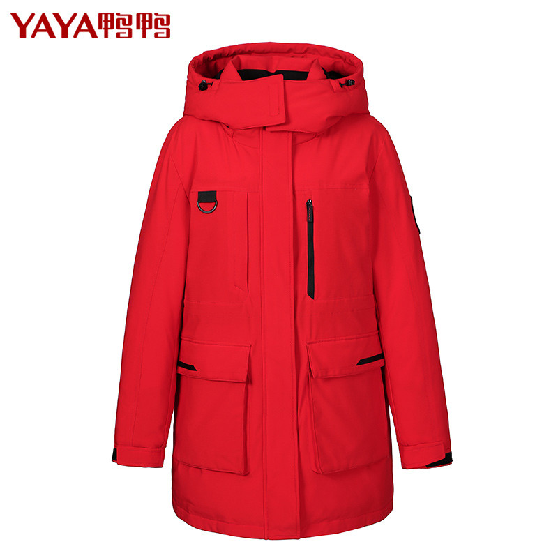 鸭鸭2019秋冬新款轻户外羽绒服女中长款连帽可脱保暖外套B-521324 165/88A 大红