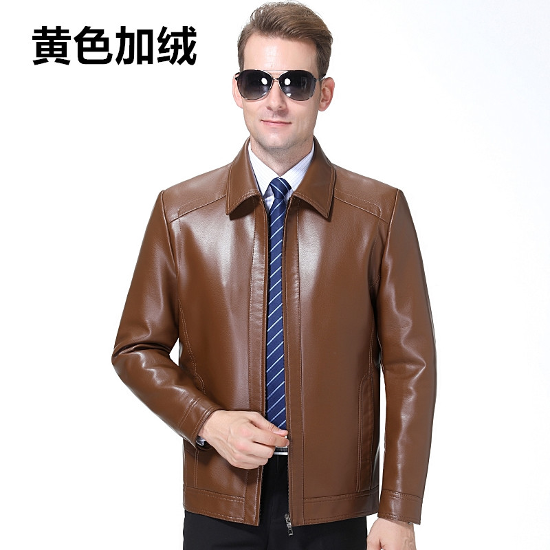 海宁真皮皮衣男士皮夹克头层绵羊皮休闲外套男冬装加棉加绒皮衣男纯皮羊皮山羊皮鄂尔多斯金利来雅戈尔阿玛尼梦特娇正品皮衣外套 1962黄色加绒翻领 XXL185-100A