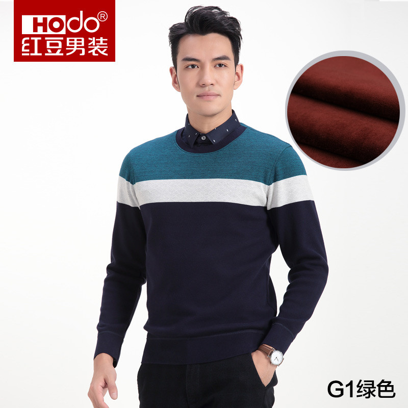 HODO红豆男装 男士针织衫 秋冬季商务简约舒适条纹加绒加厚假两件长袖针织毛衫男 180/96A G1绿色