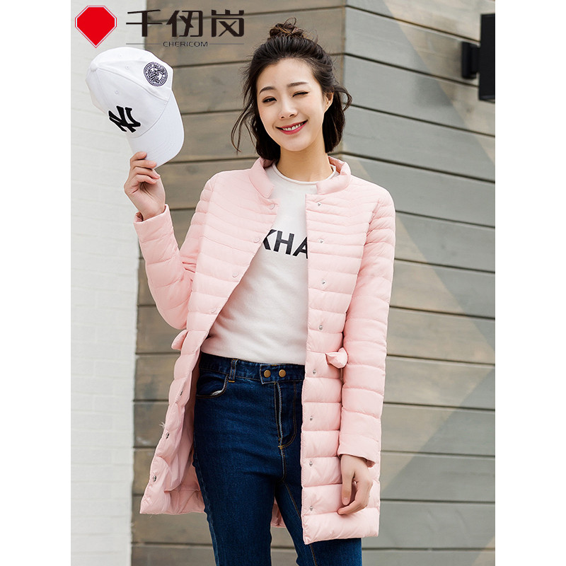 千仞岗新品羽绒服女中长款轻薄羽绒服立领显瘦 L 樱花粉