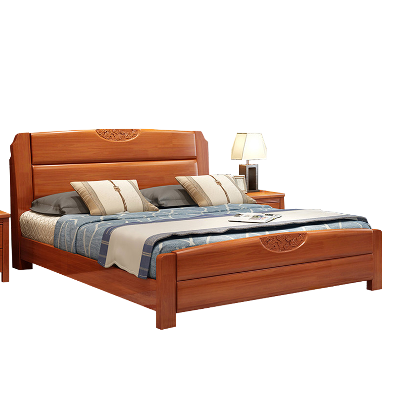 实木床新中式卧室宿舍公寓单人床双人橡胶木床1.2*2.0米 海棠色