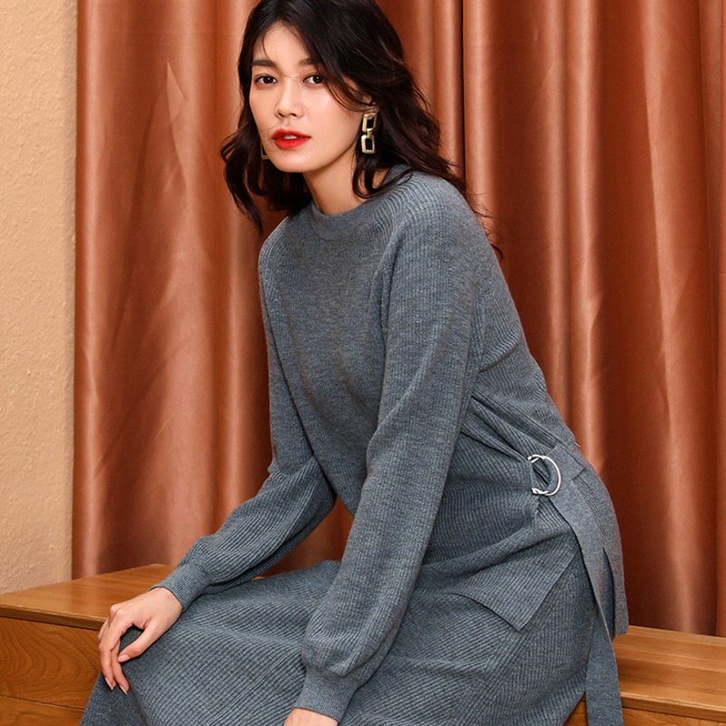 恒源祥羊毛衫女套头2019秋冬时尚圆领厚毛衣系带收腰设计感针织衫 165/88A 灰绿