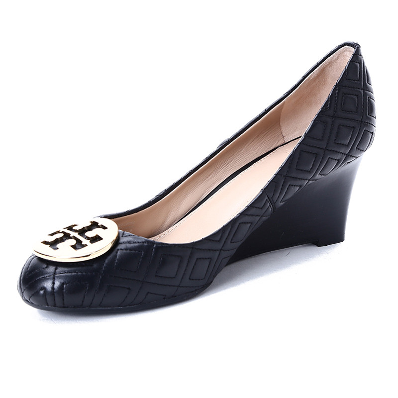 TORY BURCH/汤丽柏琦 女鞋菱格绗缝双T标志坡跟高跟鞋 33136 黑色 37