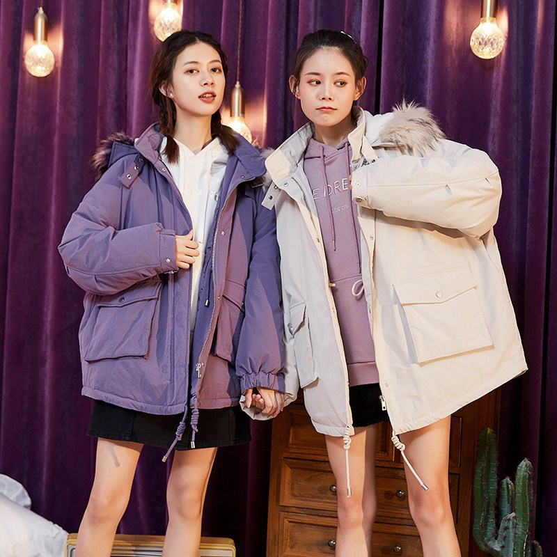 唐狮羽绒服女2019新款时尚派克羽绒服女收腰羽绒服韩版女宽松 XL A款/莫兰紫