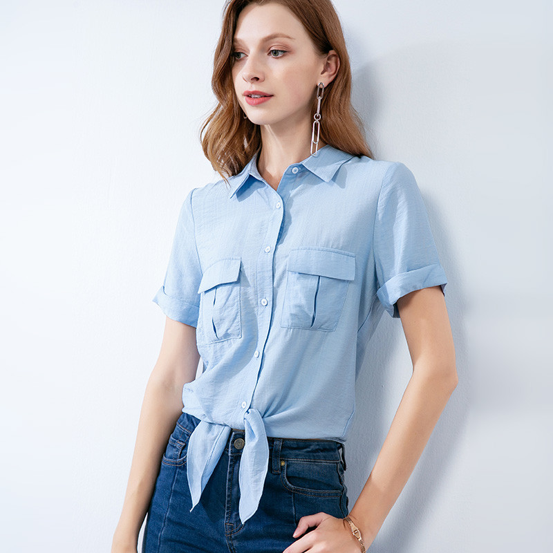 晚白新品通勤职业百搭纯色短袖翻领单排扣上衣休闲衬衫女 L 蓝色