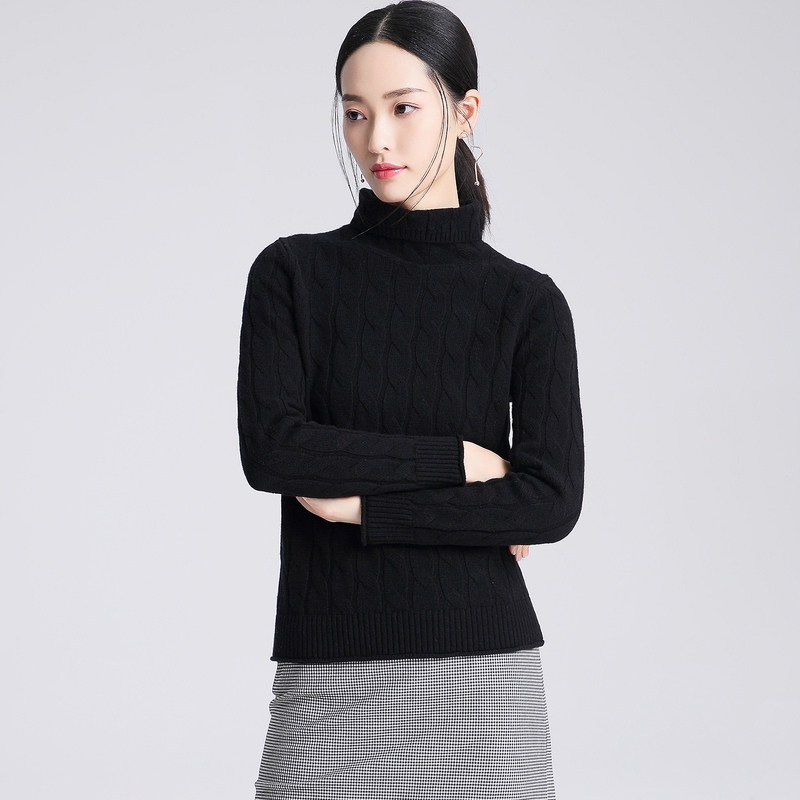 恒源祥2019新款绞花套头毛衣女秋冬纯羊毛打底针织衫高领羊毛衫 175/XL 黑色
