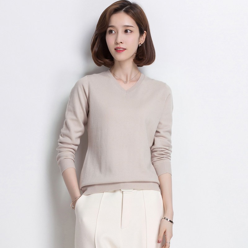 恒源祥羊毛衫女V领2019秋冬新款套头针织衫百搭修身打底毛衣女_4 165/M 灰米