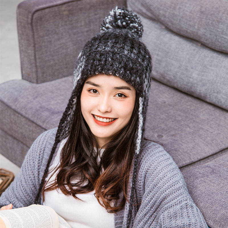 瑞苏薇(RASUV) 秋冬保暖女款帽子加绒护耳雷锋帽日韩甜美针织毛线帽RS5516 黑灰