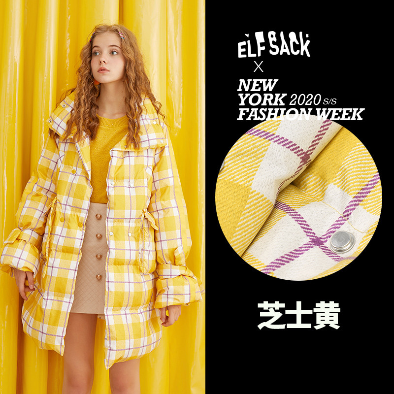 妖精的口袋格子派克羽绒服女中长款2019秋冬季新款连帽学院风外套 芝士黄色 S