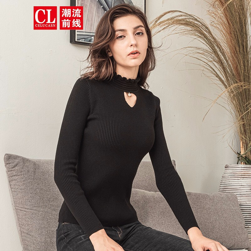 潮流前线2019冬装女款个性甜美简约纯色修身半高领镂空针织衫百搭打底衫_1 L 黑色
