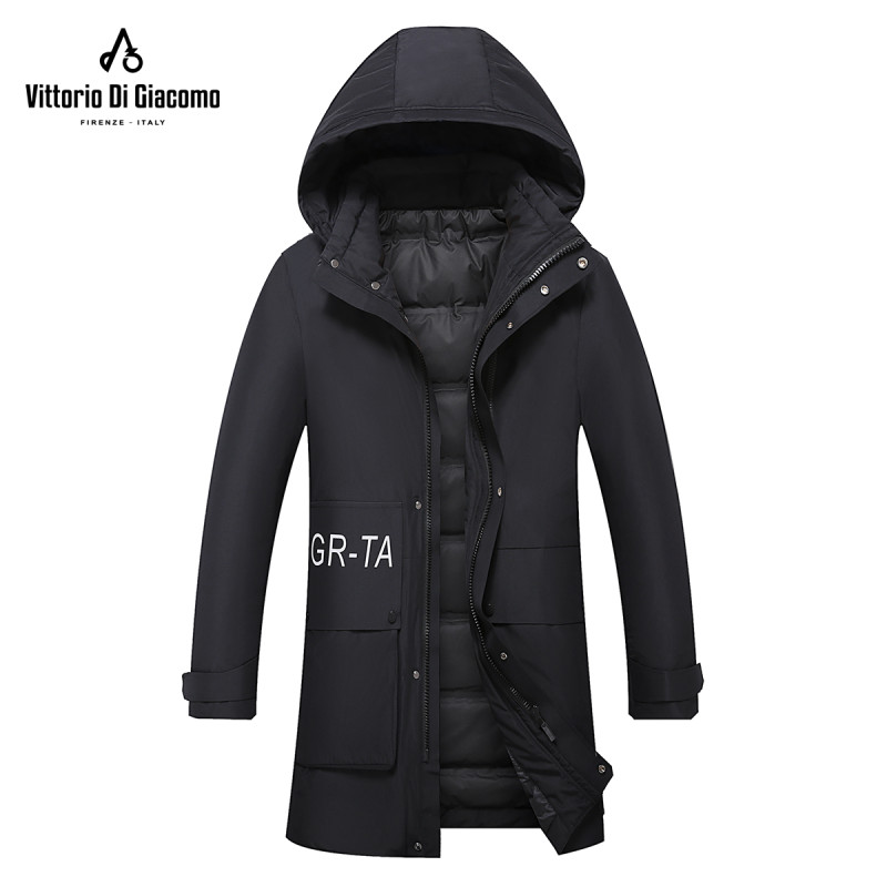 迪伽默 中长款90白鸭绒可脱卸风帽羽绒服 5色可选 黑色 XXXL