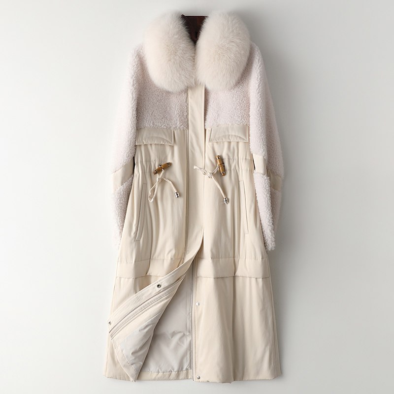 2019秋冬全丽羊毛皮大衣女狐狸毛领中长款羽绒服外套T 2XL 白色